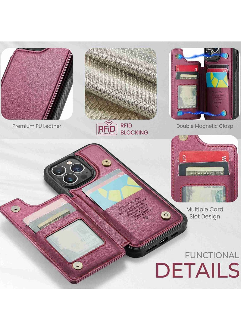 CaseMe - Wallet Case for iPhone 14 Pro Premium Handmade Durable PU Leather Slim Shockproof Case with [Double Magnetic Clasp] [Card Holder] [Kickstand] [RFID Blocking] (Red) - Image 1