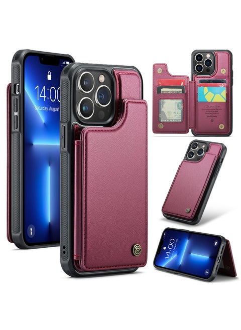 Wallet Case for iPhone 14 Pro Premium Handmade Durable PU Leather Slim Shockproof Case with [Double Magnetic Clasp] [Card Holder] [Kickstand] [RFID Blocking] (Red)