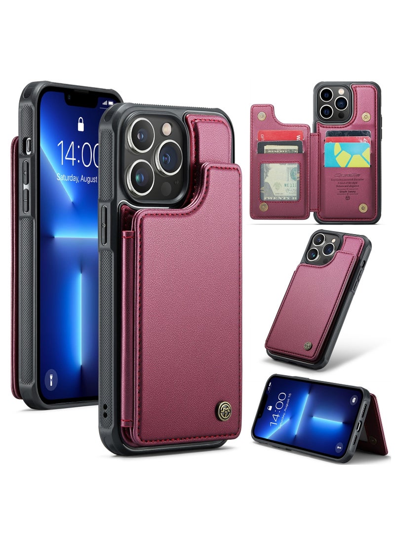 CaseMe - Wallet Case for iPhone 14 Pro Premium Handmade Durable PU Leather Slim Shockproof Case with [Double Magnetic Clasp] [Card Holder] [Kickstand] [RFID Blocking] (Red) - Image 1