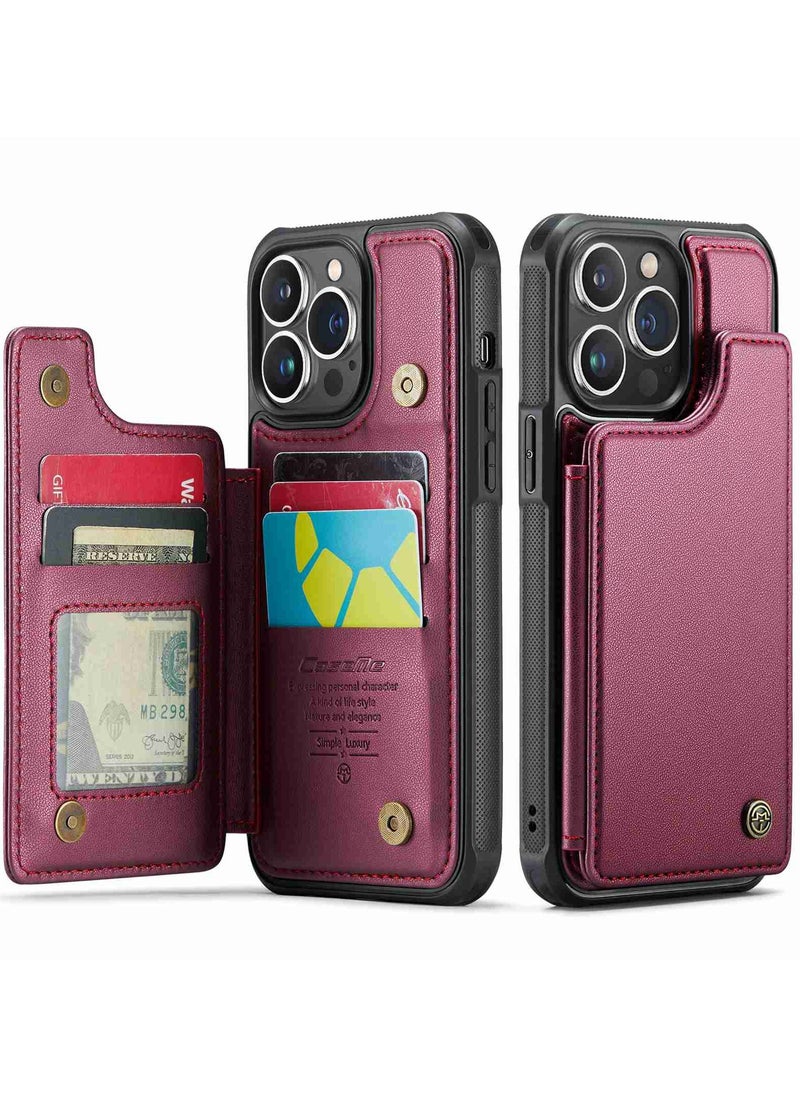 CaseMe - Wallet Case for iPhone 14 Pro Premium Handmade Durable PU Leather Slim Shockproof Case with [Double Magnetic Clasp] [Card Holder] [Kickstand] [RFID Blocking] (Red) - Image 1