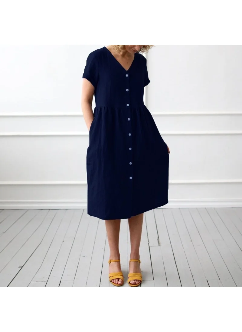 Barbora Linen Casual Summer V Neck Short Sleeve Button Detail Women's Dress LN278LACIVERT13