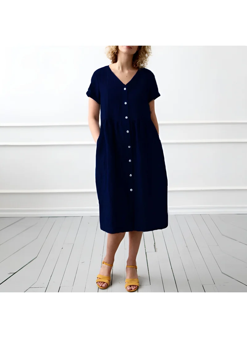 Barbora Linen Casual Summer V Neck Short Sleeve Button Detail Women's Dress LN278LACIVERT13