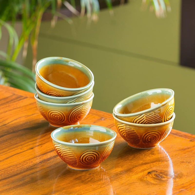 ExclusiveLane 'Peacock Boulevard' Hand-Engraved Ceramic Bowl Dining Bowl Ceramic Katoris (Set of 6, 200 ML, Microwave Safe, Dishwasher Safe) - Ceramic Bowls For Kitchen Dinner Bowls Set - Image 1