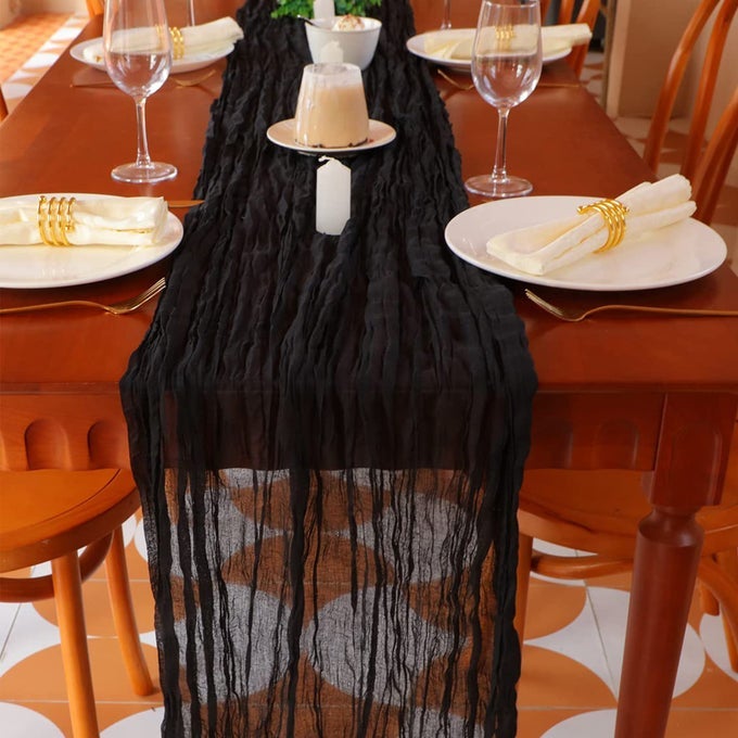 13FT BLACK CHEESECLOTH TABLE RUNNER 160INCH LONG CHEESE CLOTH BOHO GAUZE RUNNER FOR WEDDING BRIDAL BABY SHOWER BIRTHDAY HOLIDAY PARTY SHEER HALLOWEEN TABLE DECORATIONS