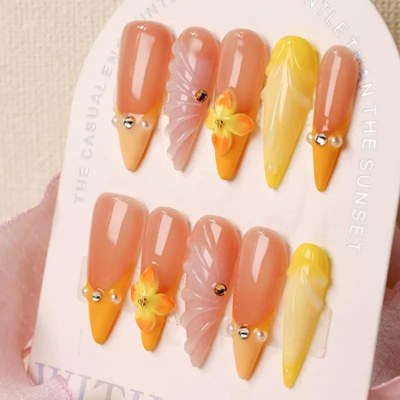 Maigitur 100% 5D Handmade Press on Nails with Charms Long Stiletto Nails Press ons- Water Ripple False Nails Ombre Orange Yellow Press on Nails Summer Fake Nails for Women Girls Daily Wear DIY Manicure Size M - Image 3