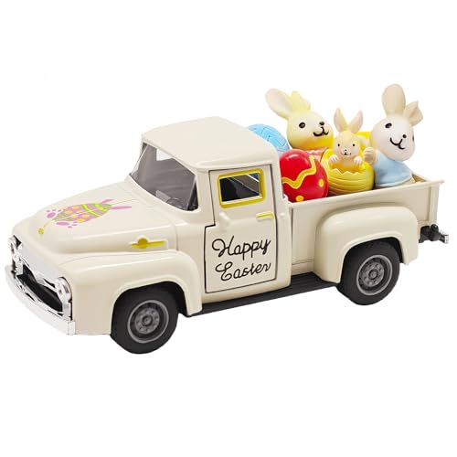 YimiBloss Easter Truck Decorations Set - Vintage Farmhouse Metal Truck with 3 Easter Eggs and 3 Resin Bunny Figurines, Spring Farm Pickup Decor for Table Tiered Tray Home Kitchen Office Gifts - Image 1