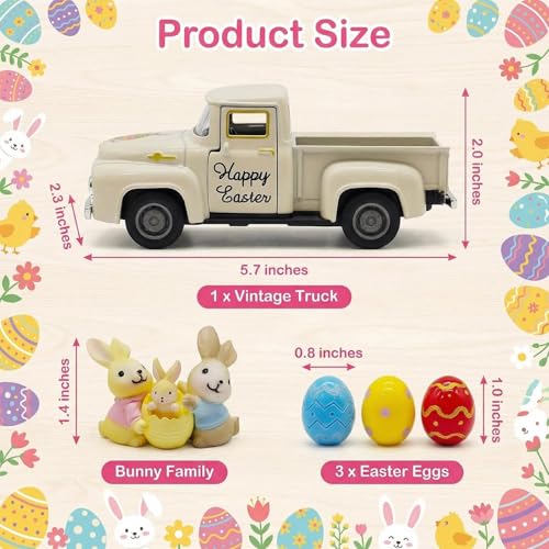 YimiBloss Easter Truck Decorations Set - Vintage Farmhouse Metal Truck with 3 Easter Eggs and 3 Resin Bunny Figurines, Spring Farm Pickup Decor for Table Tiered Tray Home Kitchen Office Gifts - Image 3