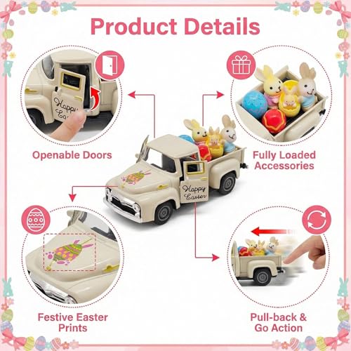 YimiBloss Easter Truck Decorations Set - Vintage Farmhouse Metal Truck with 3 Easter Eggs and 3 Resin Bunny Figurines, Spring Farm Pickup Decor for Table Tiered Tray Home Kitchen Office Gifts - Image 4