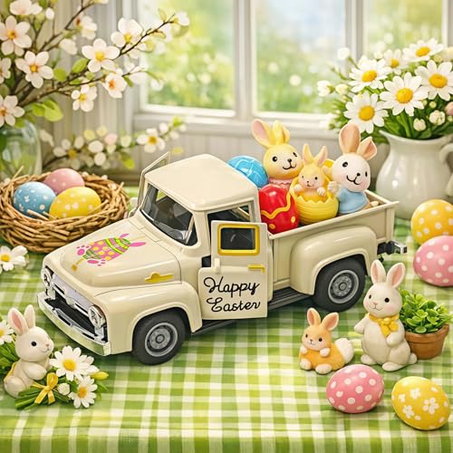 YimiBloss Easter Truck Decorations Set - Vintage Farmhouse Metal Truck with 3 Easter Eggs and 3 Resin Bunny Figurines, Spring Farm Pickup Decor for Table Tiered Tray Home Kitchen Office Gifts - Image 2