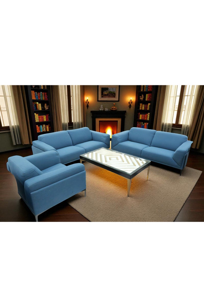 Generic Modern 3-Piece Living Room Sofa Set, Sky Blue Fabric, Metal Legs, Contemporary Design, 5 Seater - Image 1