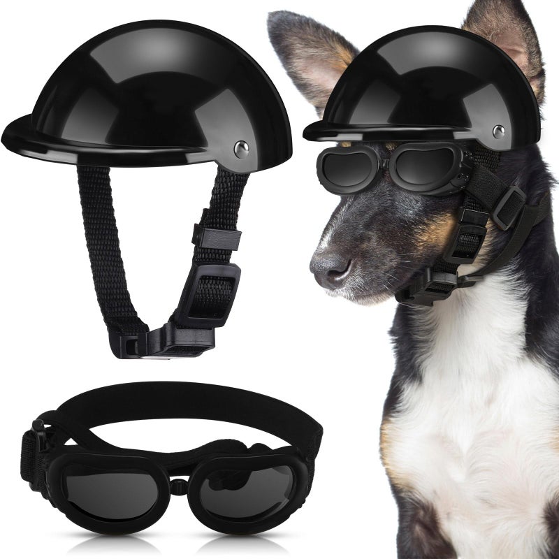 Frienda Dog Helmet and Goggles, UV Protection Doggy Sunglasses and 4 Inch Padded Puppy Motorcycle Helmet Adorable Dog Goggles with Adjustable Belt for Small Dogs Puppy Riding(Black,L) - Image 1