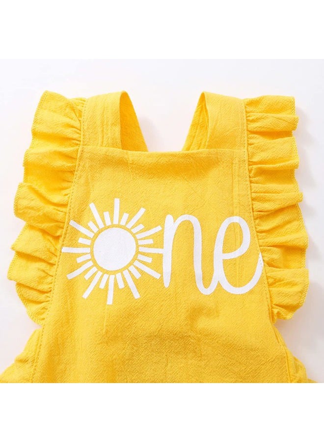Shalofer Baby Girls One Year Old Outfits First Birthday Romper Cute Backless Ruffles Jumpsuit with Headband, Yellow-sun, 6-12 Months - Image 4