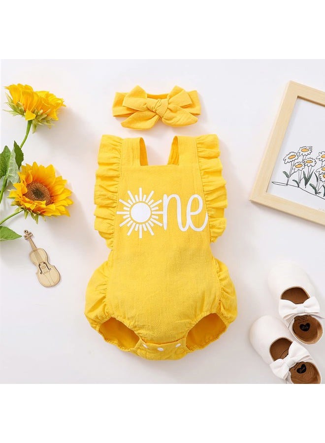 Shalofer Baby Girls One Year Old Outfits First Birthday Romper Cute Backless Ruffles Jumpsuit with Headband, Yellow-sun, 6-12 Months - Image 2
