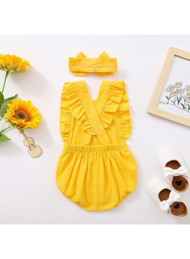 Shalofer Baby Girls One Year Old Outfits First Birthday Romper Cute Backless Ruffles Jumpsuit with Headband, Yellow-sun, 6-12 Months - Image 3