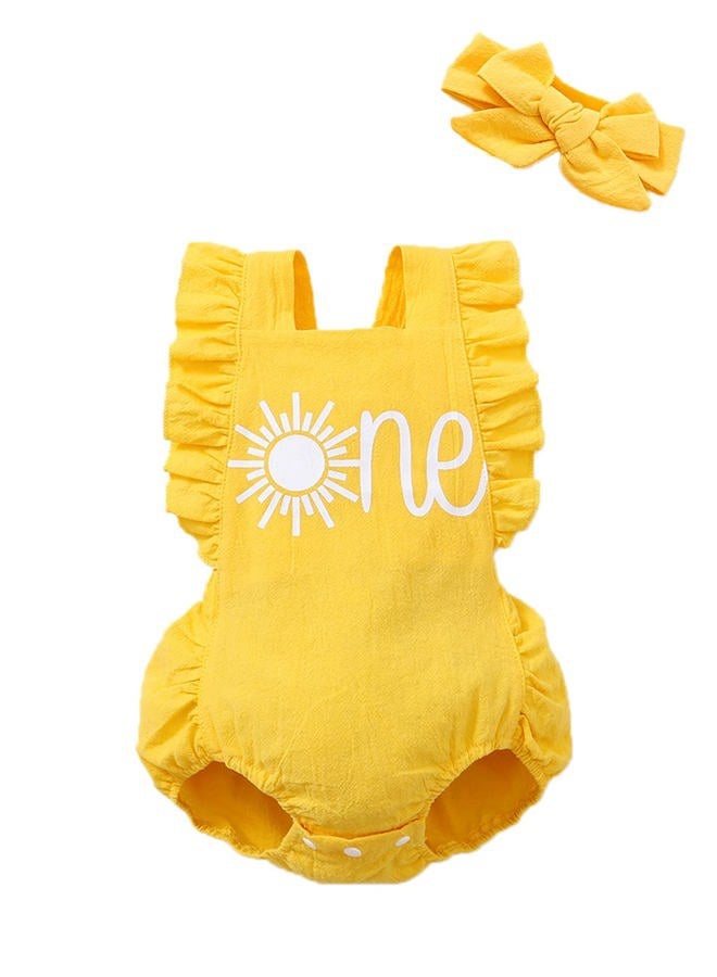 Shalofer Baby Girls One Year Old Outfits First Birthday Romper Cute Backless Ruffles Jumpsuit with Headband, Yellow-sun, 6-12 Months - Image 1