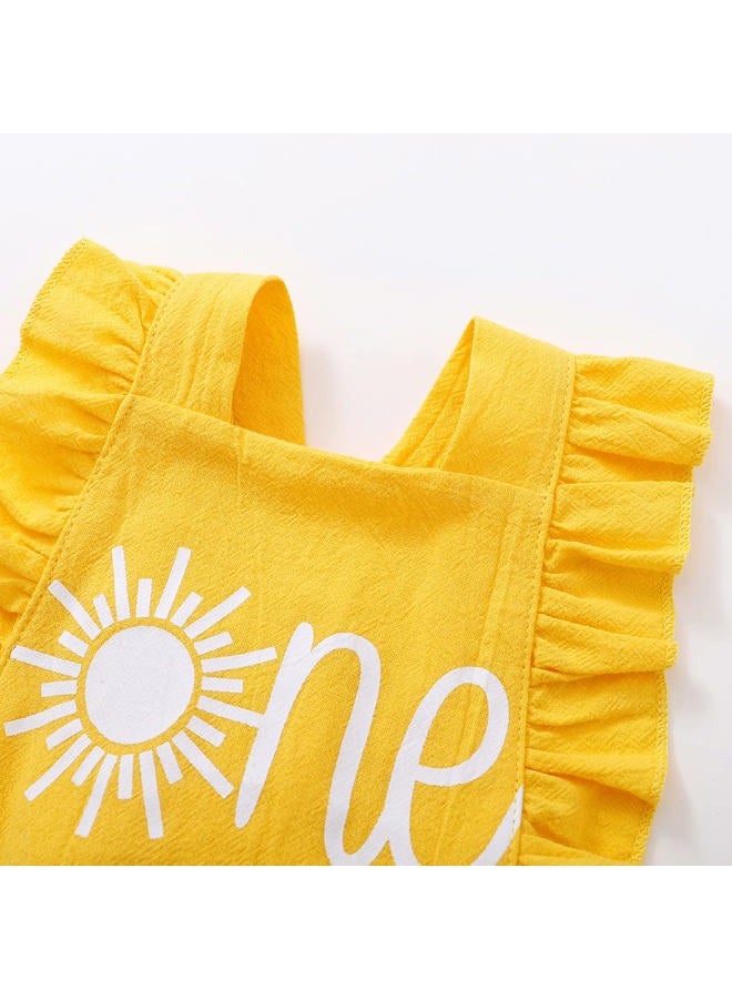 Shalofer Baby Girls One Year Old Outfits First Birthday Romper Cute Backless Ruffles Jumpsuit with Headband, Yellow-sun, 6-12 Months - Image 5
