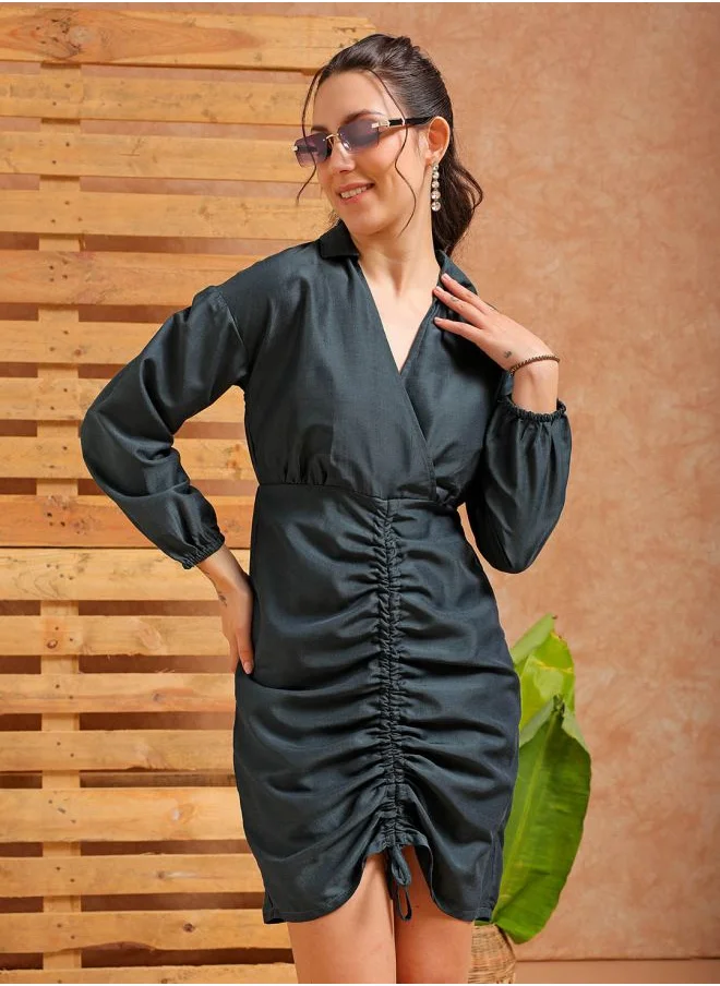 Freehand Women Regular Fit Casual Solid Ruched Dress