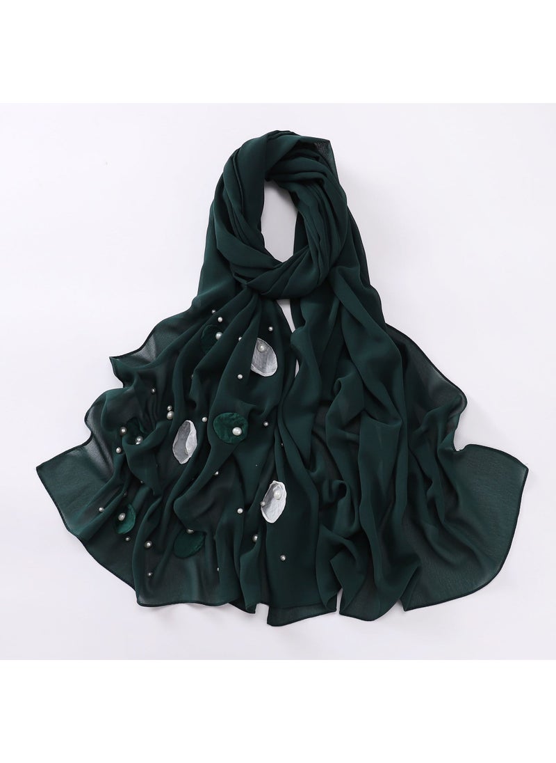 Generic - Spring Summer Chiffon Hijab Floral Ruffle Pearl Dark green - Image 1