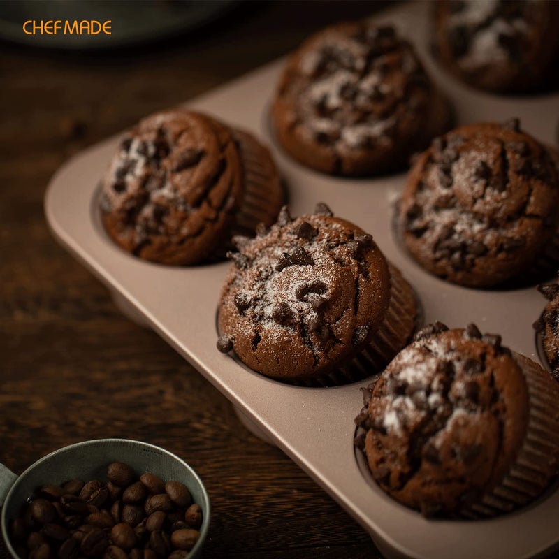 CHEFMADE Muffin Cake Pan, 12-Cavity Non-Stick Bristish Cupcake Pan Bakeware for Oven Baking (Champagne Gold) - Image 5