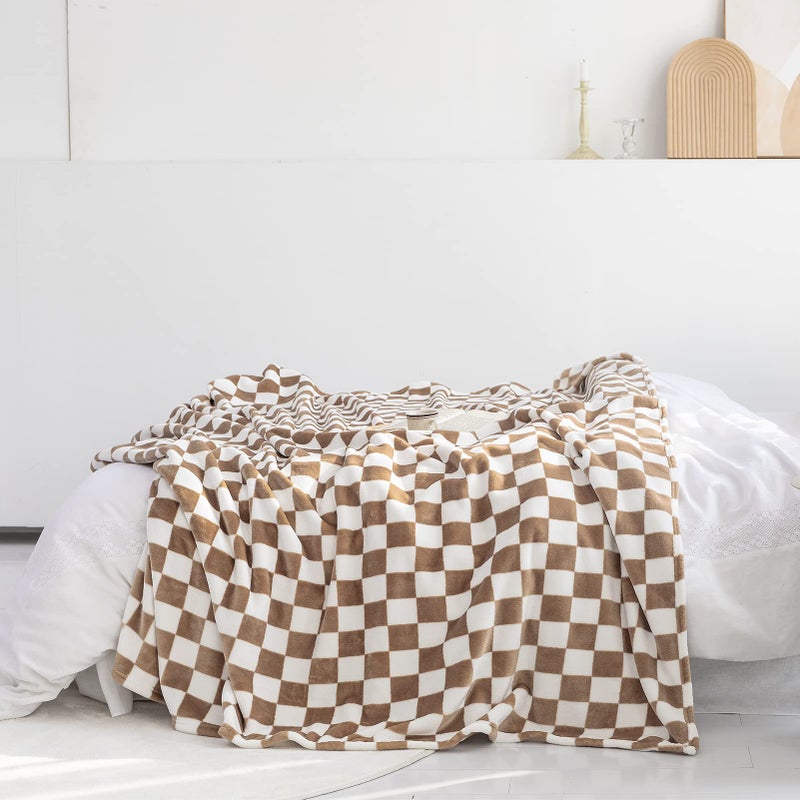 LOMAO Throw Blankets Flannel Blanket with Checkerboard Grid Pattern Soft Throw Blanket for Couch, Bed, Sofa Luxurious Warm and Cozy for All Seasons (Khaki, 50"x60") - Image 2