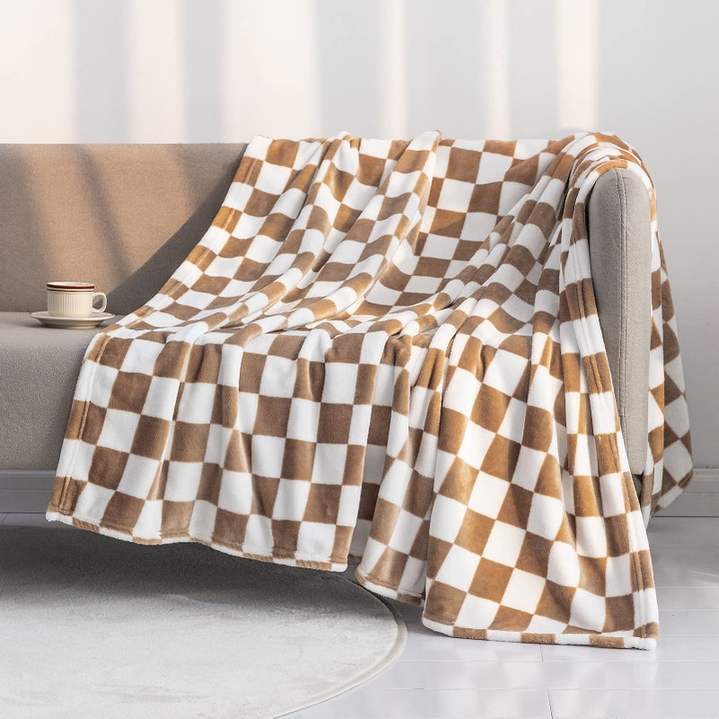 LOMAO Throw Blankets Flannel Blanket with Checkerboard Grid Pattern Soft Throw Blanket for Couch, Bed, Sofa Luxurious Warm and Cozy for All Seasons (Khaki, 50"x60") - Image 1