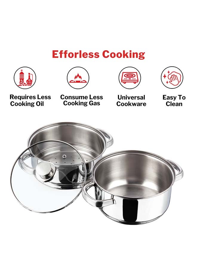 VINOD Vinod Stainless Steel Steamer 2 Tier with Glass Lid 24 cm | 2.5 mm Thick Base | Multi Purpose Momos, Modak Maker Steamer | Induction and Gas Base | 2 Year Warranty - Silver  - Image 2