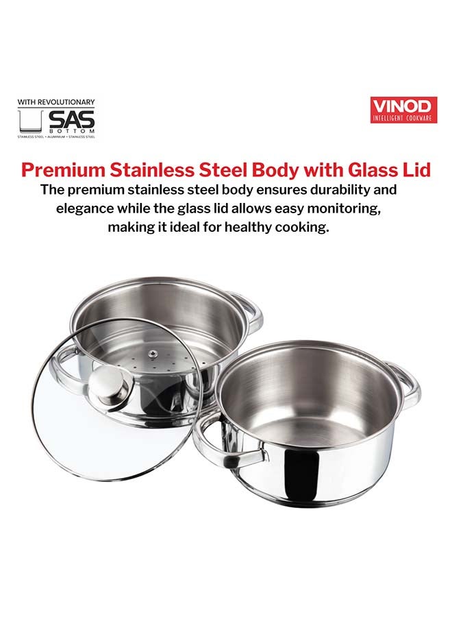 VINOD Vinod Stainless Steel Steamer 2 Tier with Glass Lid 24 cm | 2.5 mm Thick Base | Multi Purpose Momos, Modak Maker Steamer | Induction and Gas Base | 2 Year Warranty - Silver  - Image 4