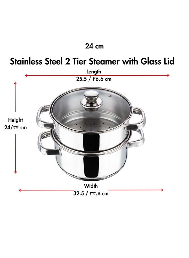 VINOD Vinod Stainless Steel Steamer 2 Tier with Glass Lid 24 cm | 2.5 mm Thick Base | Multi Purpose Momos, Modak Maker Steamer | Induction and Gas Base | 2 Year Warranty - Silver  - Image 5