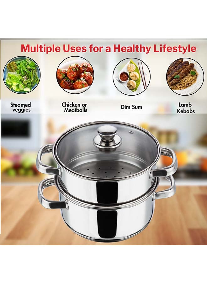 VINOD Vinod Stainless Steel Steamer 2 Tier with Glass Lid 24 cm | 2.5 mm Thick Base | Multi Purpose Momos, Modak Maker Steamer | Induction and Gas Base | 2 Year Warranty - Silver  - Image 3
