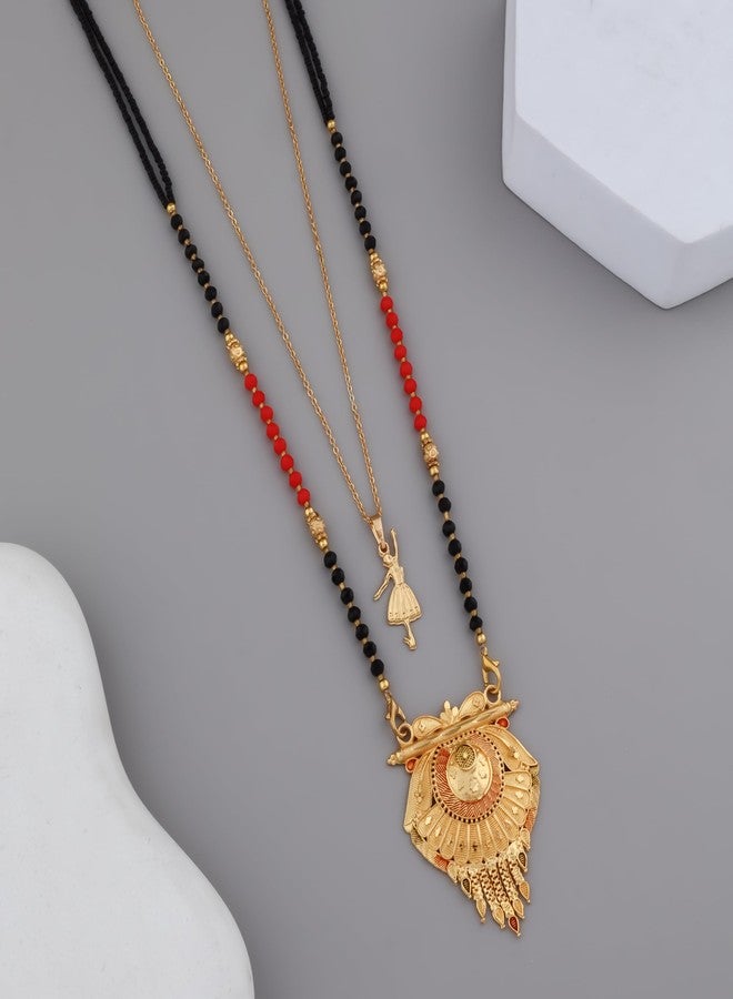 MALKYN Women's Gold Plated Ethnic Mangalsutra with Red and Black Enamel Work and Ballerina Pendant Layered Necklace Set, Traditional Black Beaded Indian Jewelry-MD-074 - Image 2