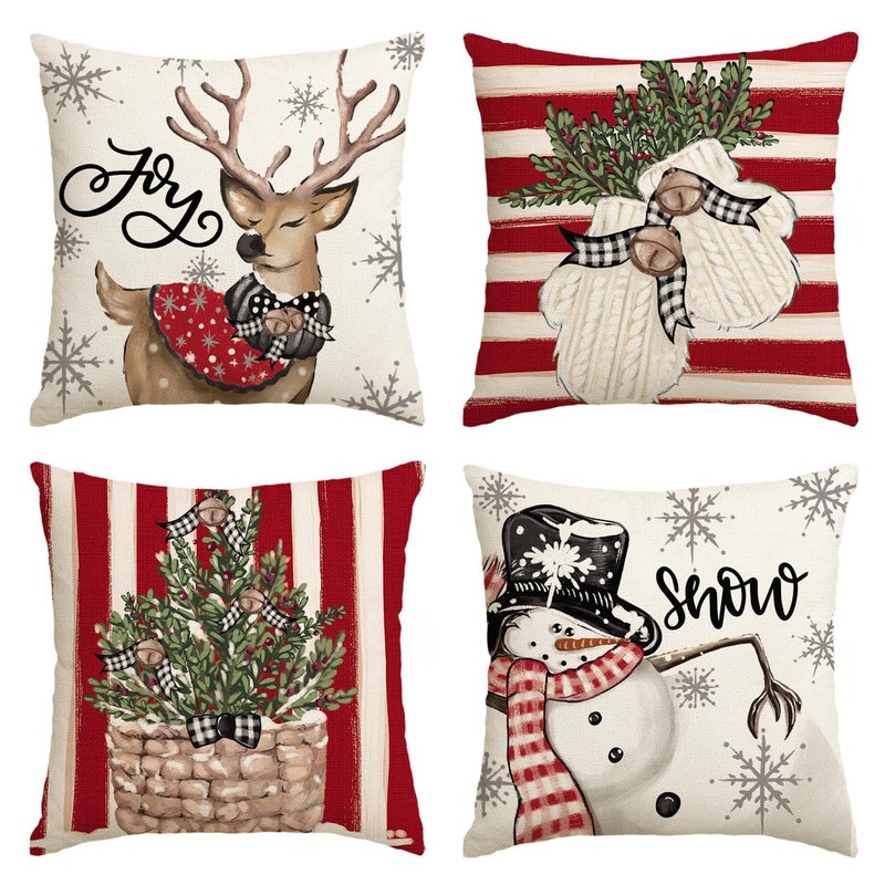 AVOIN colorlife AVOIN colorlife Christmas Snowman Reindeer Gloves Eucalyptus Red Throw Pillow Covers  20 x 20 Inch Winter Holiday Stripes Cushion Case Decoration for Sofa Couch Set of 4  - Image 1
