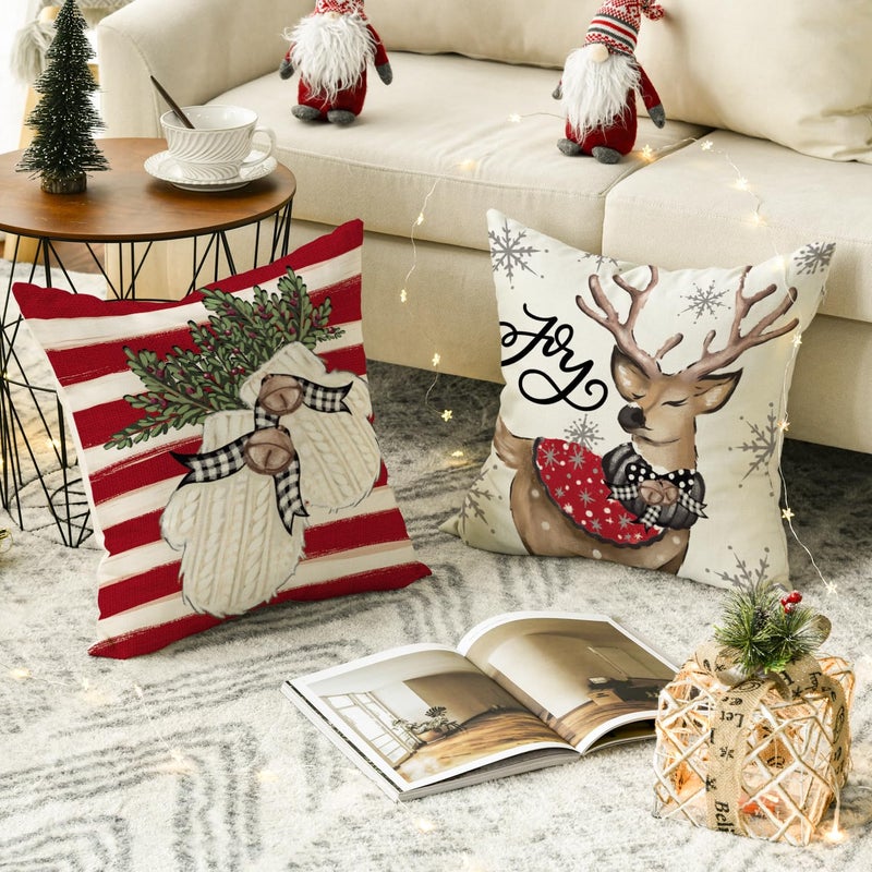 AVOIN colorlife AVOIN colorlife Christmas Snowman Reindeer Gloves Eucalyptus Red Throw Pillow Covers  20 x 20 Inch Winter Holiday Stripes Cushion Case Decoration for Sofa Couch Set of 4  - Image 4