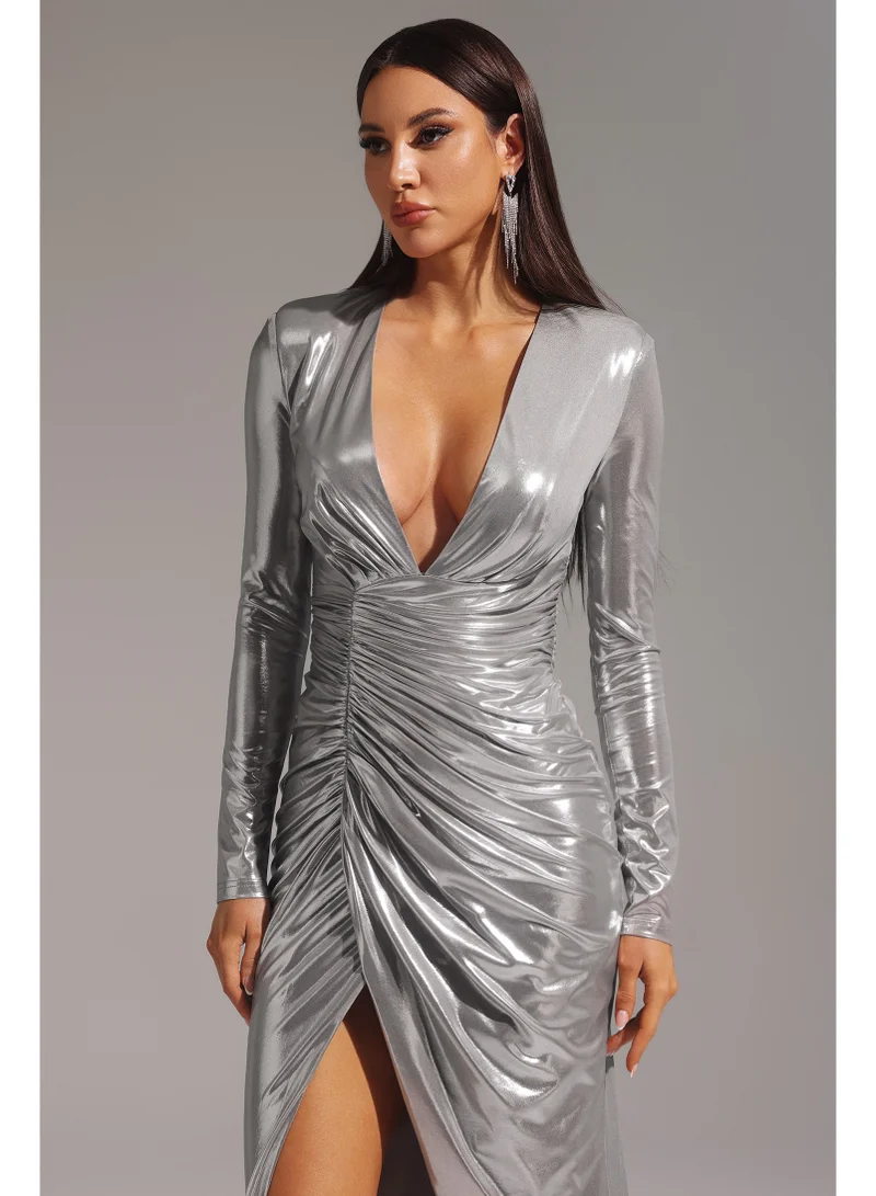 Bella Barnett  Linka Deep V Long Sleeve Shirr Maxi Dress for Women | Best Price UAE