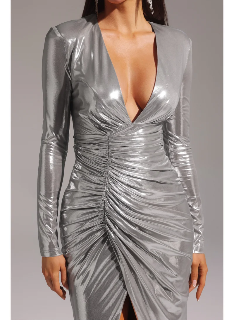 Bella Barnett  Linka Deep V Long Sleeve Shirr Maxi Dress for Women | Best Price UAE