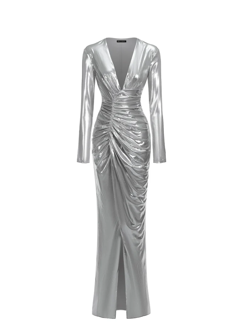 Bella Barnett  Linka Deep V Long Sleeve Shirr Maxi Dress for Women | Best Price UAE