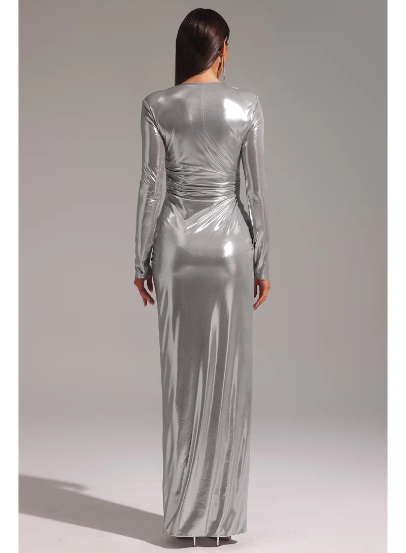 Bella Barnett  Linka Deep V Long Sleeve Shirr Maxi Dress for Women | Best Price UAE