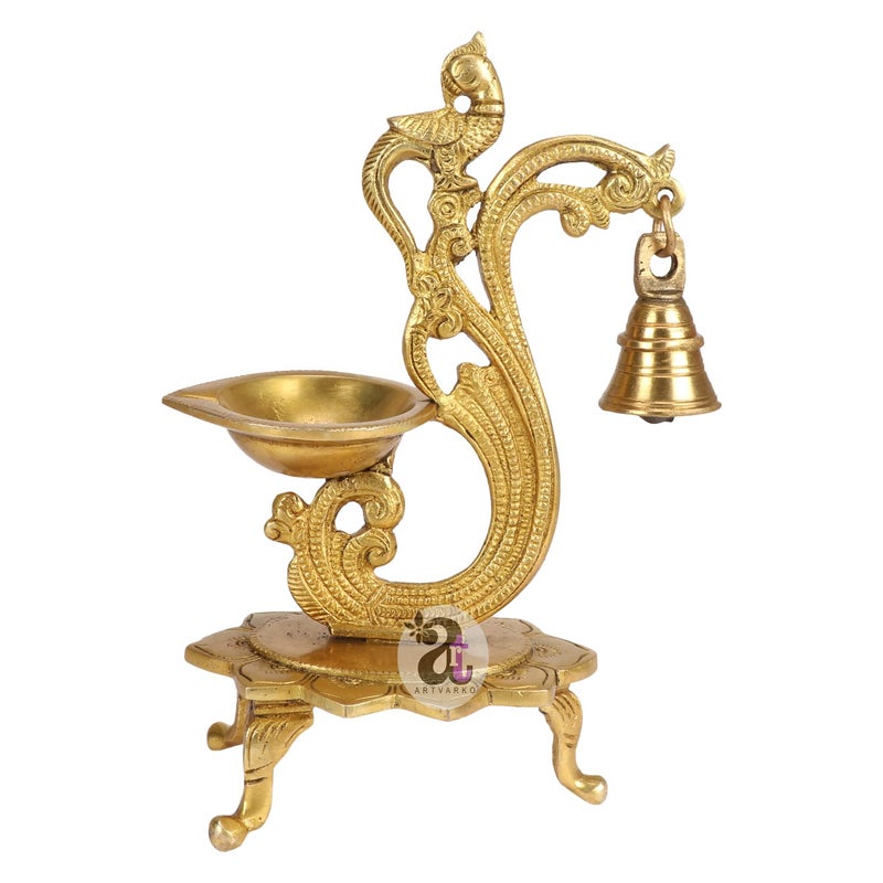 ARTVARKO ARTVARKO Brass Bird Peacock Traditional Hanging Bell Diya Oil Lamp Stand Diwali Puja Home Office Temple 8 Inches  - Image 2