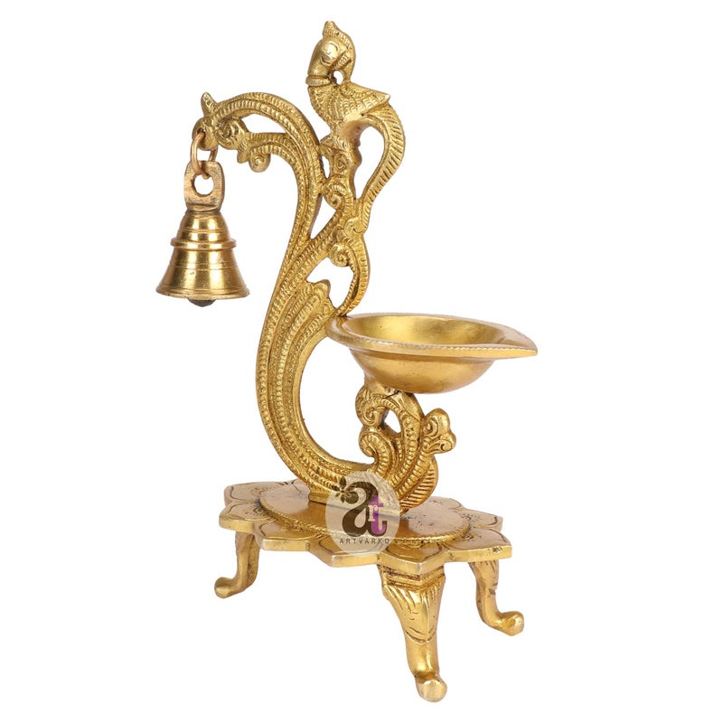 ARTVARKO ARTVARKO Brass Bird Peacock Traditional Hanging Bell Diya Oil Lamp Stand Diwali Puja Home Office Temple 8 Inches  - Image 3