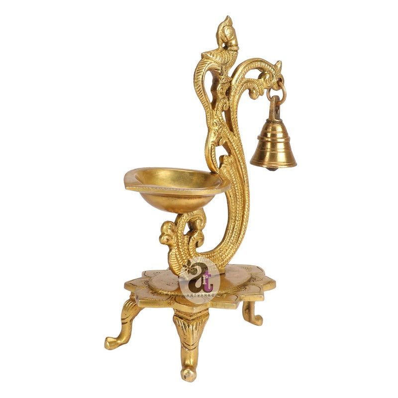ARTVARKO ARTVARKO Brass Bird Peacock Traditional Hanging Bell Diya Oil Lamp Stand Diwali Puja Home Office Temple 8 Inches  - Image 4