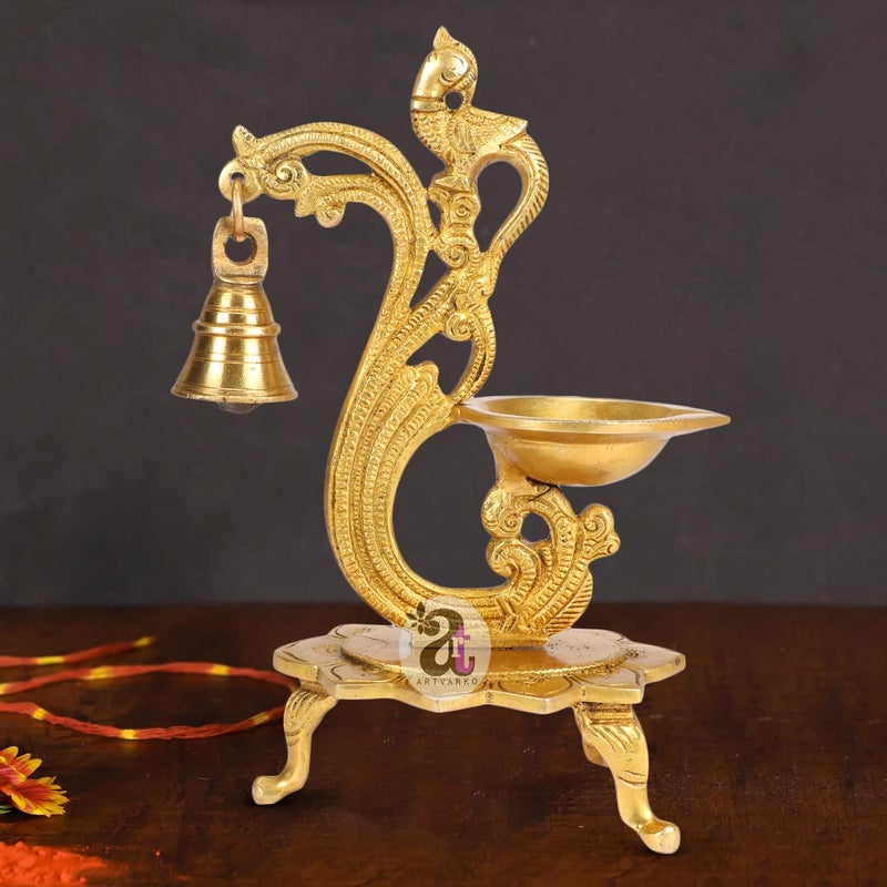 ARTVARKO ARTVARKO Brass Bird Peacock Traditional Hanging Bell Diya Oil Lamp Stand Diwali Puja Home Office Temple 8 Inches  - Image 1