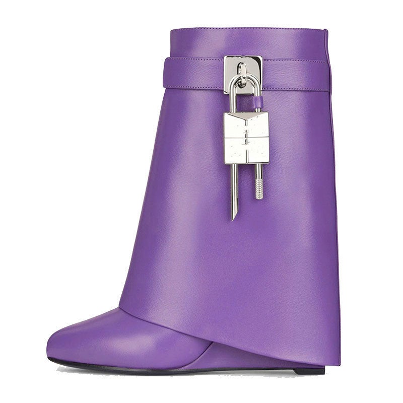 Winter New Style Large-Tube Lock Skirt Super High Wedge Heel Round Toe Leather High Heel Zipper Short Boots For Women - Image 4