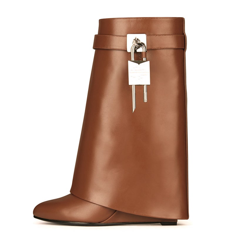 Winter New Style Large-Tube Lock Skirt Super High Wedge Heel Round Toe Leather High Heel Zipper Short Boots For Women - Image 5