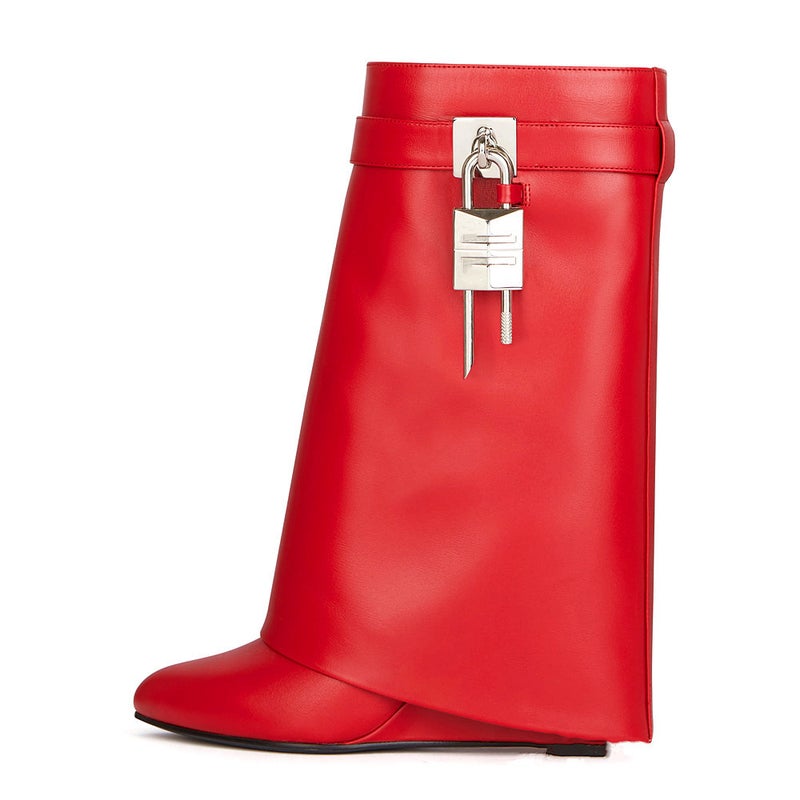 Winter New Style Large-Tube Lock Skirt Super High Wedge Heel Round Toe Leather High Heel Zipper Short Boots For Women - Image 2