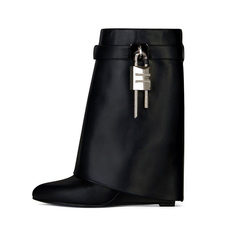 Winter New Style Large-Tube Lock Skirt Super High Wedge Heel Round Toe Leather High Heel Zipper Short Boots For Women - Image 3