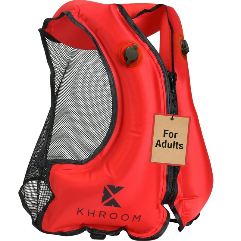Khroom Inflatable Snorkel Vest for Adults Snorkeling Vest for 6075 Height Fits Chest 3247 in 81120 cm V2 2026 Model with Flat SnagFree Valve Dual Chambers for Snorkeling SUP Red - Image 2