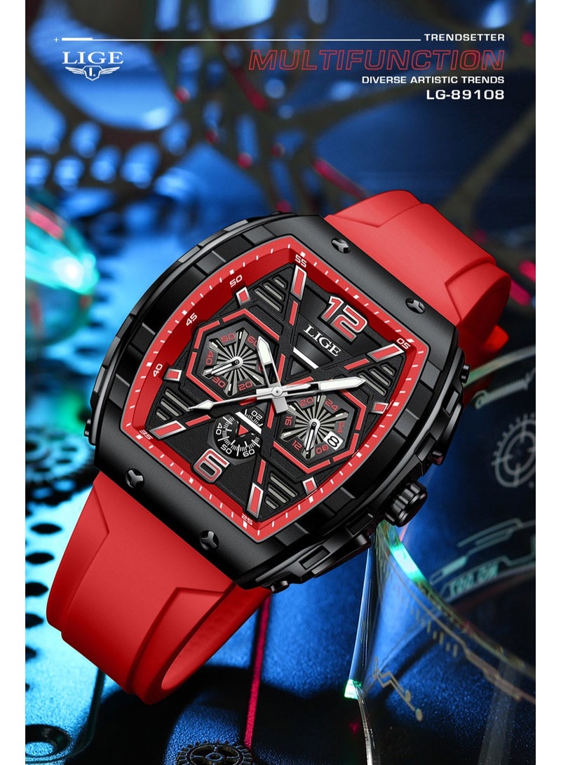 LIGE ​​LIGE Men's Trendy Fashion Watch - Black Square Dial with Red Strap, Multi-Function Date Display, 50M Water Resistance, Modern Sporty Style for Daily & Casual Wear​​ - Image 2