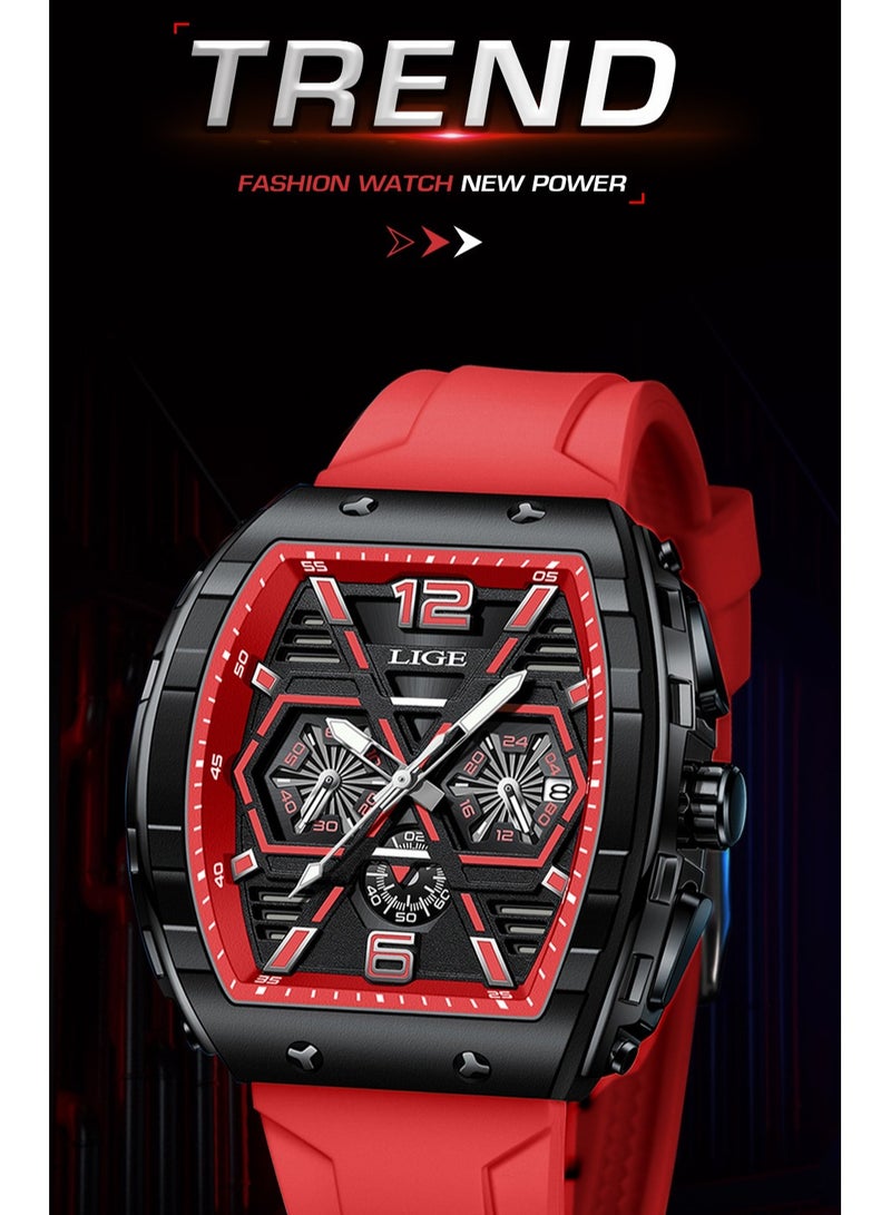 LIGE ​​LIGE Men's Trendy Fashion Watch - Black Square Dial with Red Strap, Multi-Function Date Display, 50M Water Resistance, Modern Sporty Style for Daily & Casual Wear​​ - Image 3