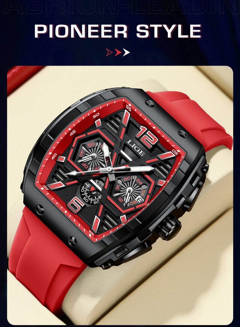 LIGE ​​LIGE Men's Trendy Fashion Watch - Black Square Dial with Red Strap, Multi-Function Date Display, 50M Water Resistance, Modern Sporty Style for Daily & Casual Wear​​ - Image 4