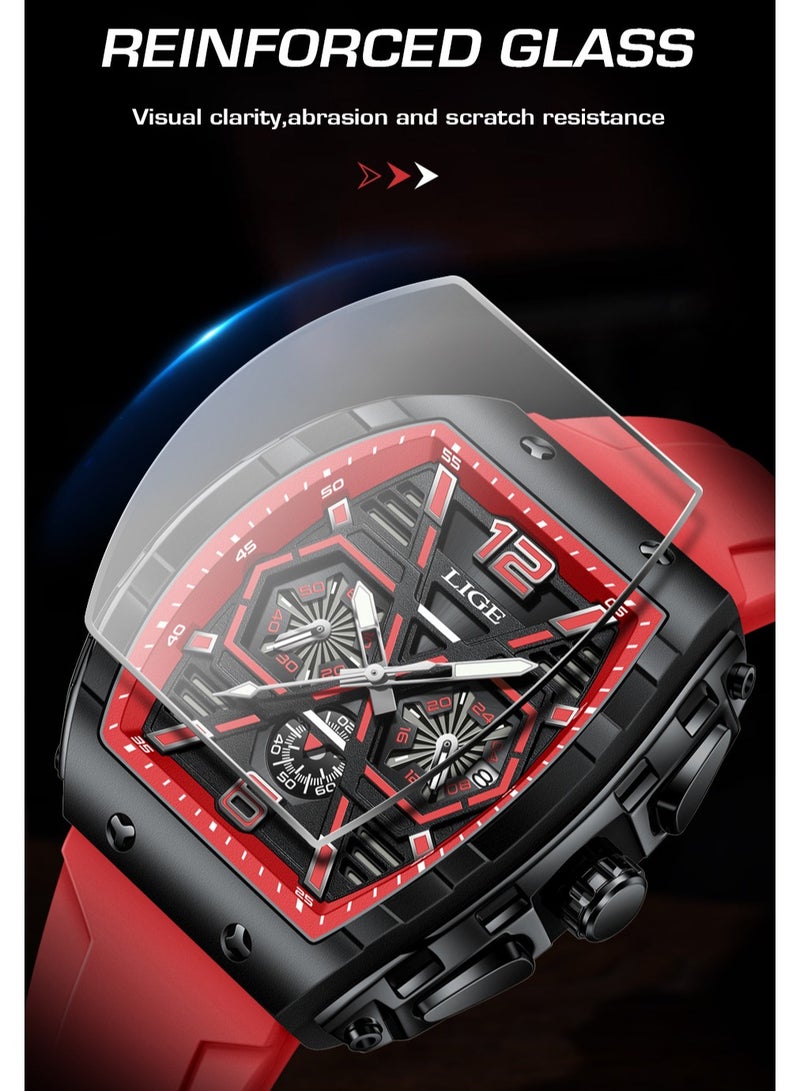LIGE ​​LIGE Men's Trendy Fashion Watch - Black Square Dial with Red Strap, Multi-Function Date Display, 50M Water Resistance, Modern Sporty Style for Daily & Casual Wear​​ - Image 5
