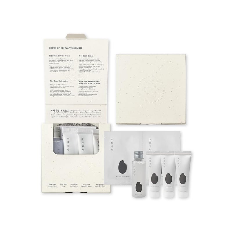 House of Dohwa Travel Kit l Essential TSA Friendly Skincare Sample Set l Gentle Exfoliating Cleanser, Hydrating Toner, Moisturising Cream, 2 Wash Off Masks - Product of Korea